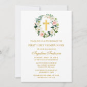 Watercolor Pink White Floral Wreath Gold Communion 招待状 (正面)