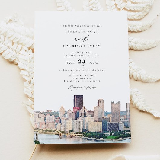 Watercolor Pittsburgh Pennsylvania Skyline Wedding 招待状