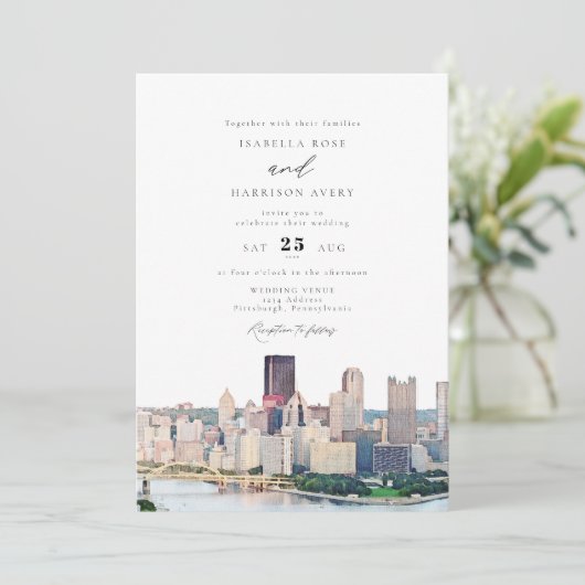 Watercolor Pittsburgh Pennsylvania Skyline Wedding 招待状 (スタンド正面)