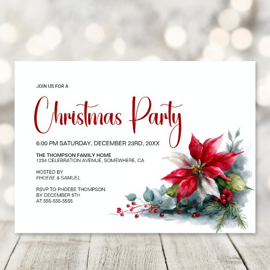 Watercolor Poinsettia Christmas Party 招待状