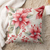 Watercolor Poinsettia Christmas Throw Pillow クッション (ブランケット)