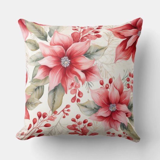 Watercolor Poinsettia Christmas Throw Pillow クッション (正面)
