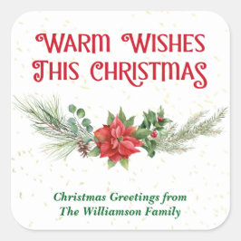 Watercolor Poinsettia Holly Bouquet Christmas スクエアシール