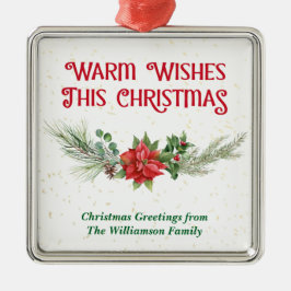 Watercolor Poinsettia Holly Bouquet Christmas メタルオーナメント