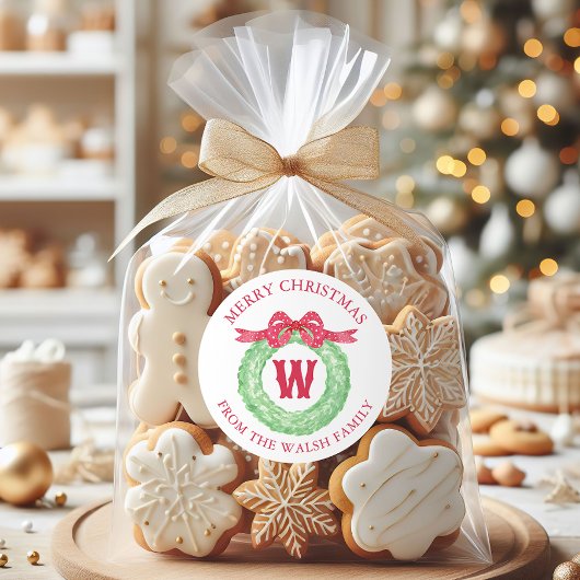 Watercolor Polka Dot Bow Monogram Wreath ラウンドシール