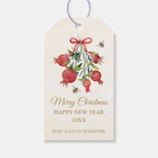 Watercolor Pomegranate Red Bow Christmas Holiday ギフトタグ (正面)