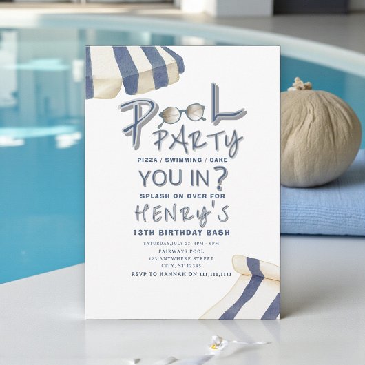 Watercolor pool Umbrella Pool Party Invite 招待状