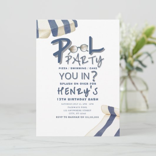 Watercolor pool Umbrella Pool Party Invite 招待状 (スタンド正面)