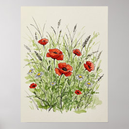 Watercolor Poppies & Daisies Print Art ポスター