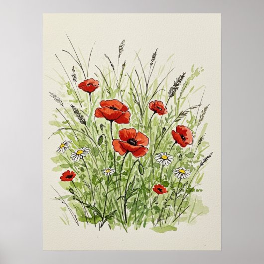 Watercolor Poppies & Daisies Print Art ポスター (正面)