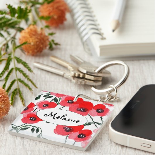 Watercolor poppy flowers botanical キーホルダー (正面右)