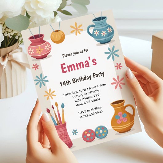 Watercolor Pottery Painting Birthday Party 招待状