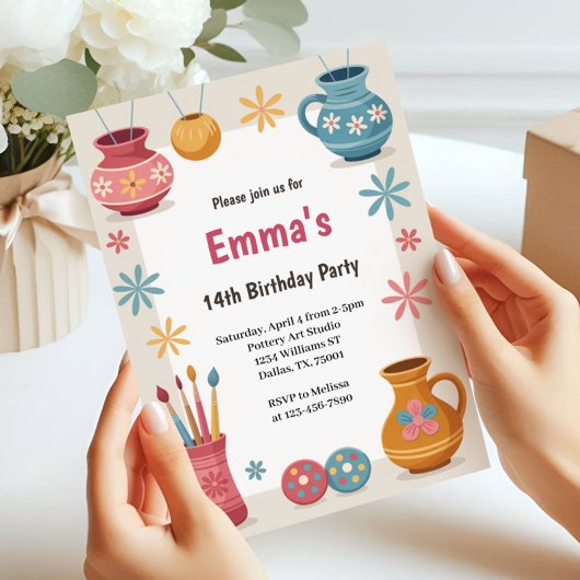 Watercolor Pottery Painting Birthday Party 招待状