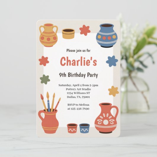 Watercolor Pottery Painting Birthday Party 招待状 (スタンド正面)