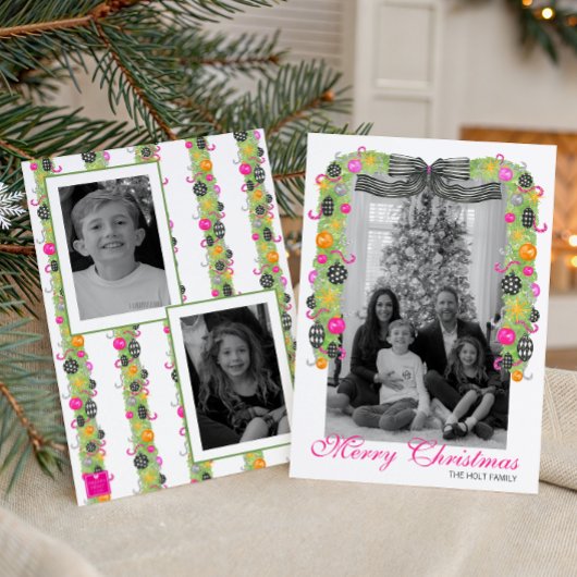 Watercolor Preppy Bright Christmas Garland Photo シーズンカード