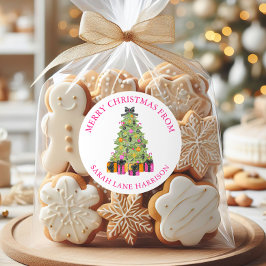 Watercolor Preppy Bright Christmas Tree Address ラウンドシール