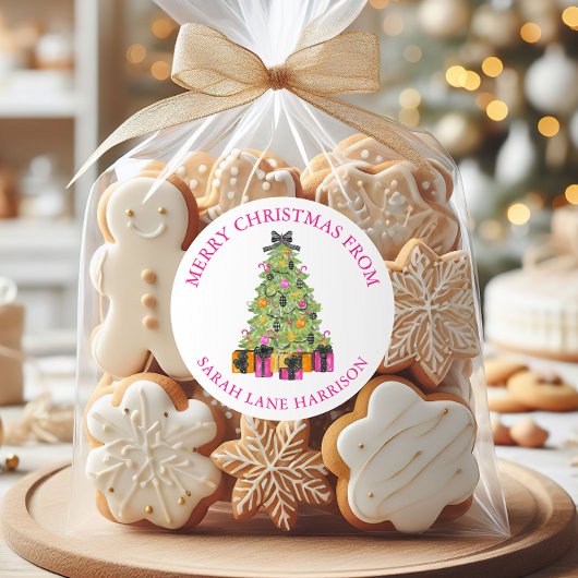 Watercolor Preppy Bright Christmas Tree Address ラウンドシール