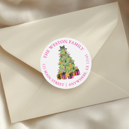 Watercolor Preppy Bright Christmas Tree Address ラウンドシール
