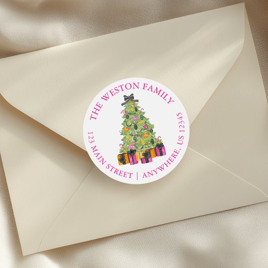 Watercolor Preppy Bright Christmas Tree Address ラウンドシール