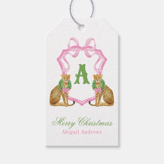 Watercolor Preppy Christmas Leopard Monogram Crest ギフトタグ (正面)