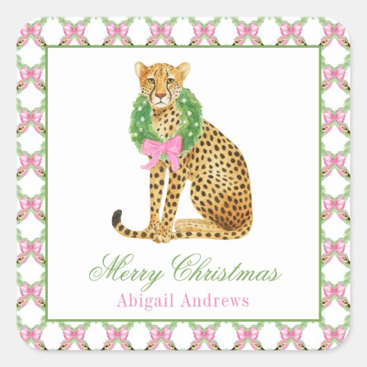 Watercolor Preppy Leopard Christmas スクエアシール (正面)
