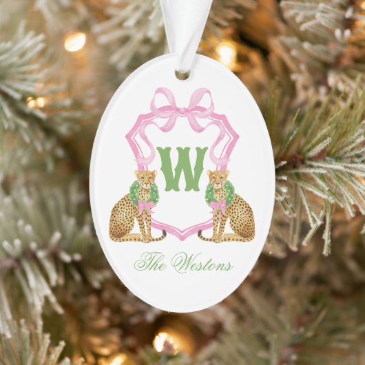 Watercolor Preppy Leopard Christmas Monogram Crest オーナメント (ツリー)