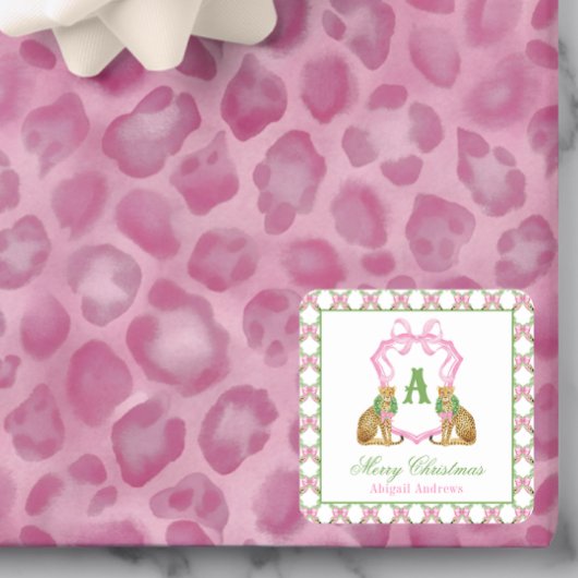 Watercolor Preppy Leopard Christmas Monogram Crest スクエアシール