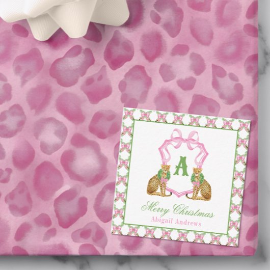 Watercolor Preppy Leopard Christmas Monogram Crest ノートカード