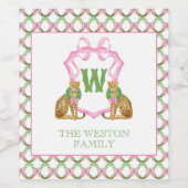 Watercolor Preppy Leopard Christmas Monogram Crest ワインラベル (シングルラベル)