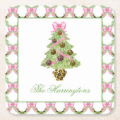 Watercolor Preppy Leopard Christmas Tree スクエアペーパーコースター (正面)