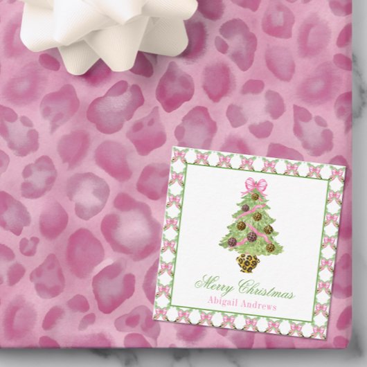 Watercolor Preppy Leopard Christmas Tree ノートカード