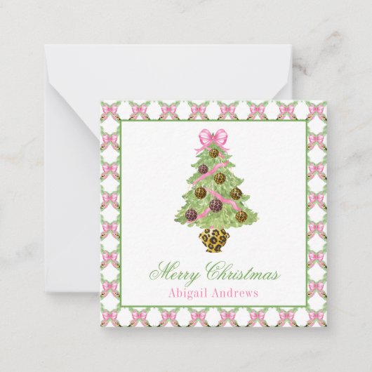 Watercolor Preppy Leopard Christmas Tree ノートカード (正面)