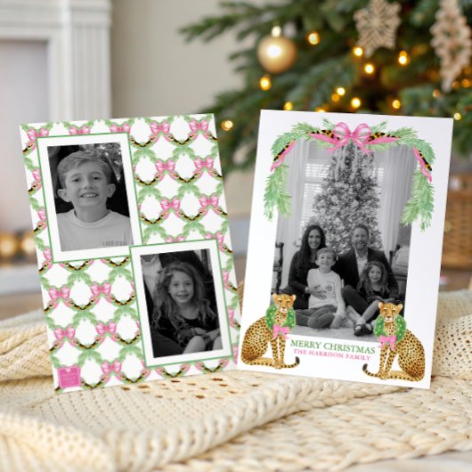 Watercolor Preppy Leopard Garland Christmas シーズンカード