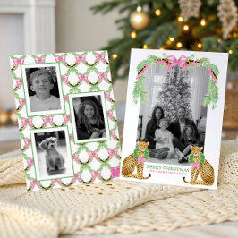 Watercolor Preppy Leopard Garland Christmas シーズンカード