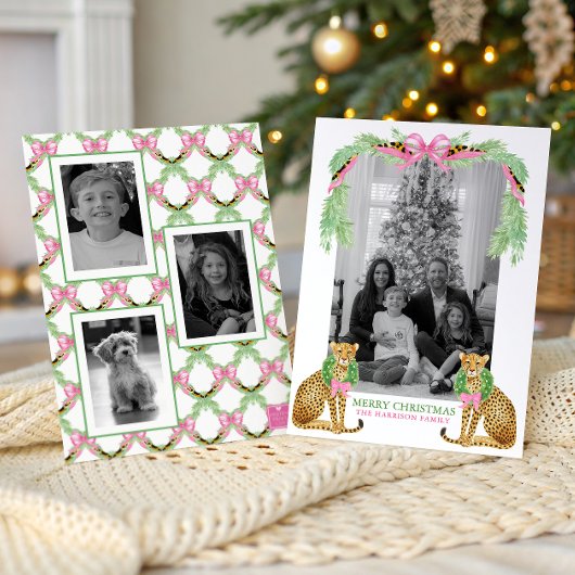 Watercolor Preppy Leopard Garland Christmas シーズンカード