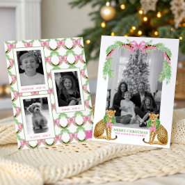 Watercolor Preppy Leopard Garland Christmas シーズンカード