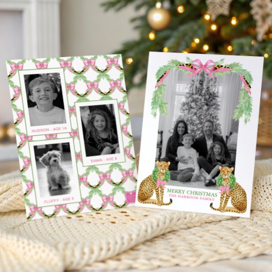 Watercolor Preppy Leopard Garland Christmas シーズンカード