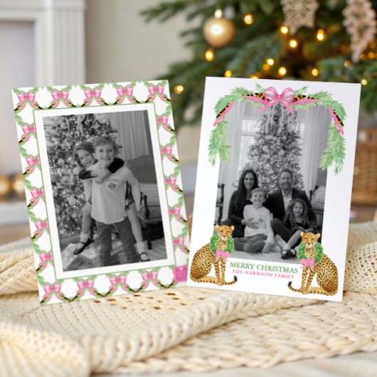 Watercolor Preppy Leopard Garland Christmas シーズンカード