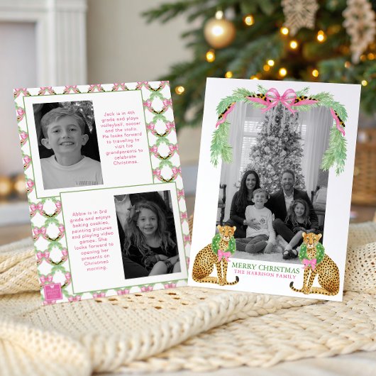 Watercolor Preppy Leopard Garland Christmas シーズンカード