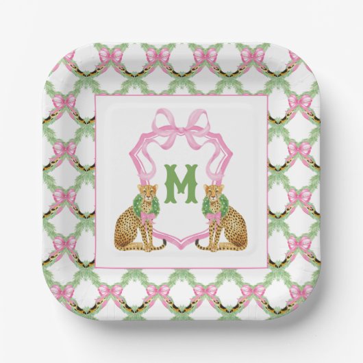 Watercolor Preppy Leopard Monogram Crest ペーパープレート (正面)