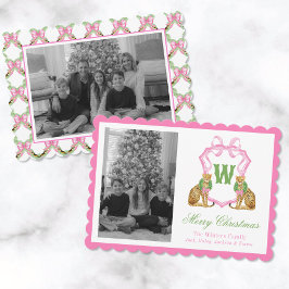 Watercolor Preppy Leopard Monogram Crest Photo シーズンカード