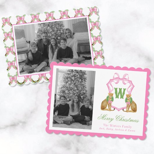 Watercolor Preppy Leopard Monogram Crest Photo シーズンカード