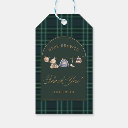  Watercolor preppy plaid teddy bear baby shower ギフトタグ (正面)