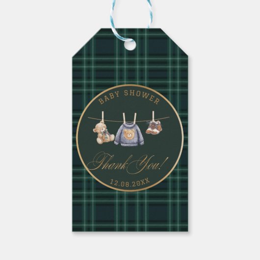  Watercolor preppy plaid teddy bear baby shower ギフトタグ (正面)