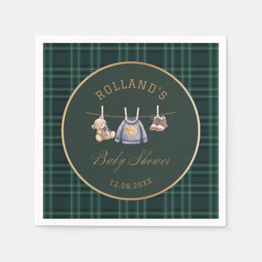 Watercolor preppy plaid teddy bear baby shower スタンダードカクテルナプキン (正面)