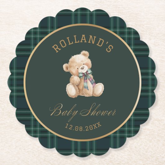  Watercolor preppy plaid teddy bear baby shower ペーパーコースター (正面)