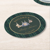 Watercolor preppy plaid teddy bear baby shower ラウンドペーパーコースター (アングル)
