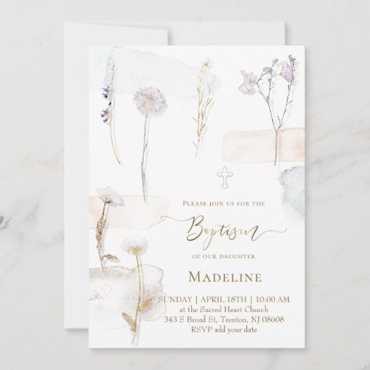 watercolor pressed flowers Baptism 招待状 (正面)