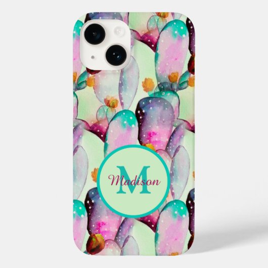 Watercolor Prickly Pear Cactus Flowers Monogrammed Case-Mate iPhoneケース (裏面)