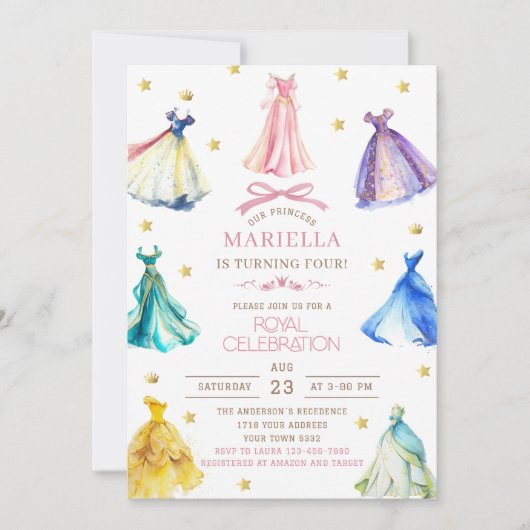 Watercolor Princess  Dress Birthday Royal birthday 招待状 (正面)